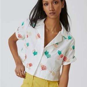 Anthropologie Maeve White Shirt with Colorful Embroidery Sz XL